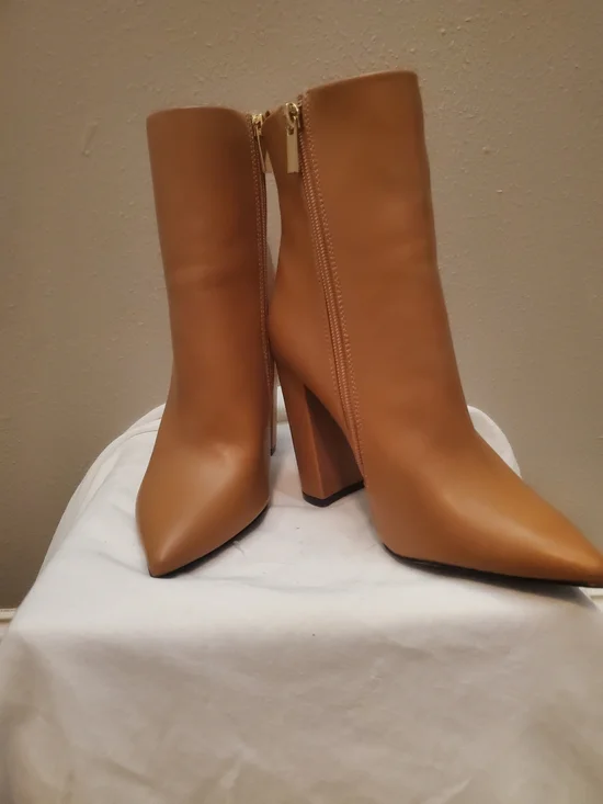 Qupid Tan Pointed Block Heel Ankle Boots - Picture 3 of 5